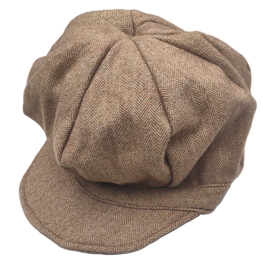 Handmade/Homemade Baker News Boy Newsie Cap Hat Herringbone Tweed Tan/Beige Gold